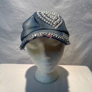 Denim Pearl-Embellished Cap